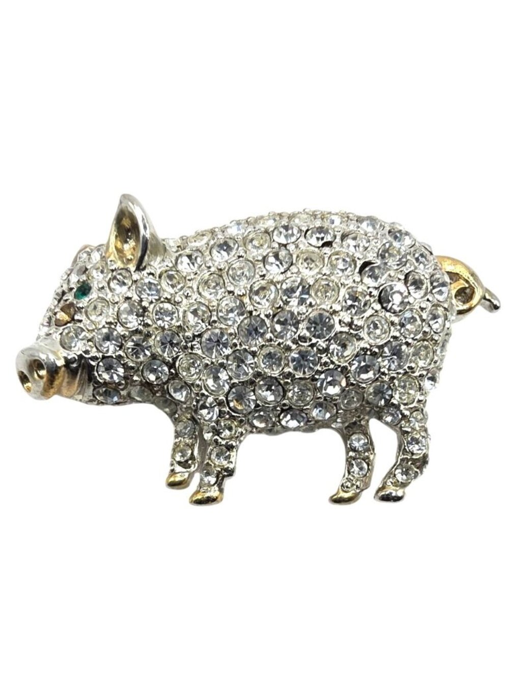 Rhinestone Pig Brooch Pin animal jewelry green eye whimsy farm country READ